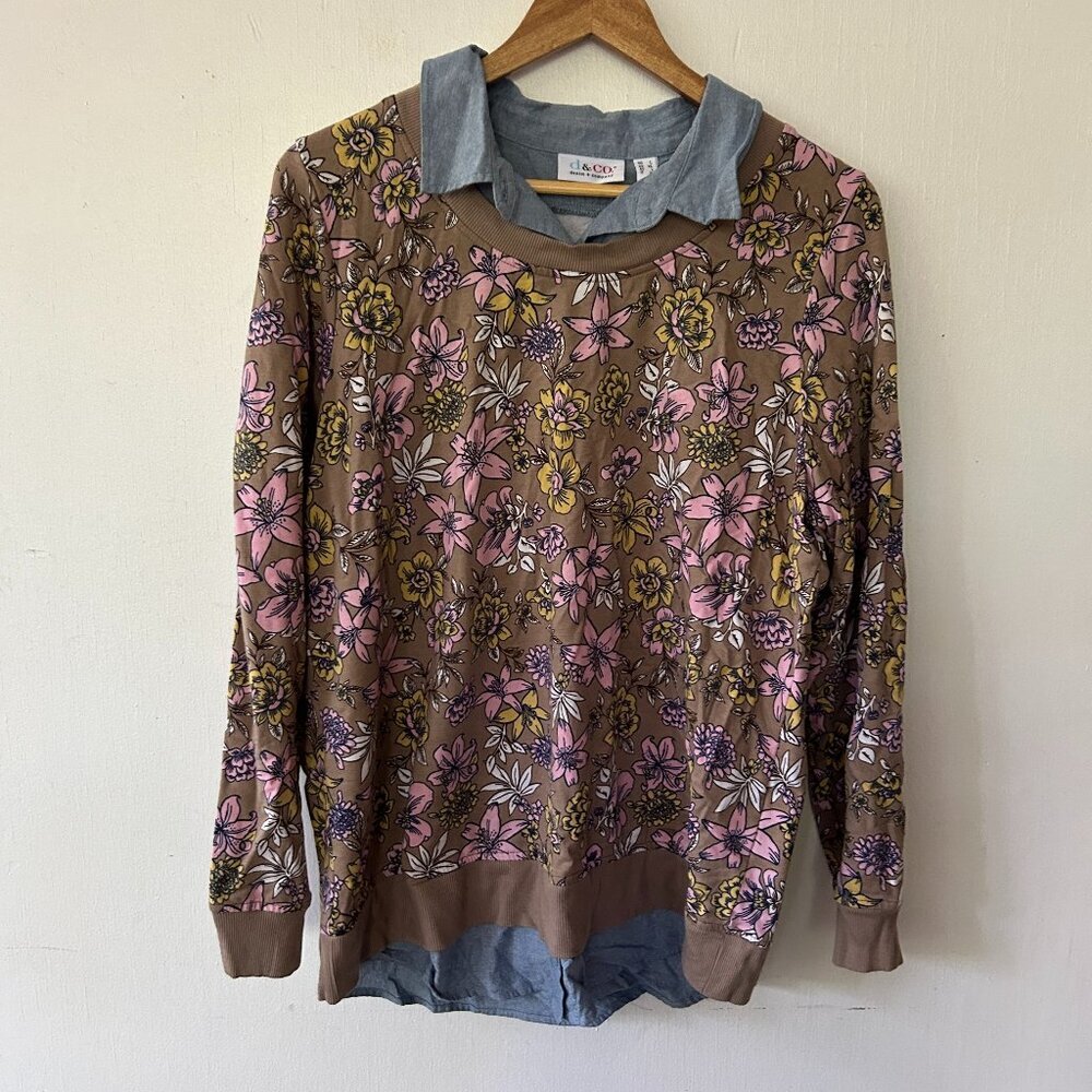 D&Co Collared Pink Floral Sweatshirt Womens Large Mixed Material Cottage Prairie